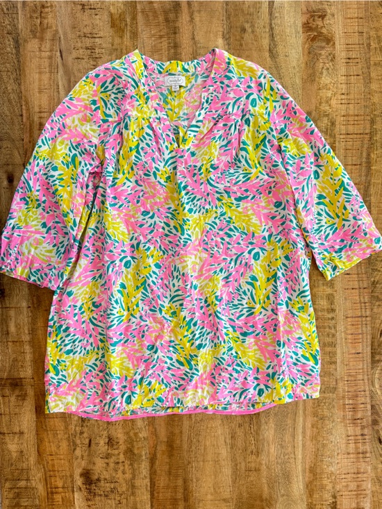 Mud Pie Tops - Mud Pie Tropical Floral Tunic Dress Cover Up Pink Teal Yellow Size M